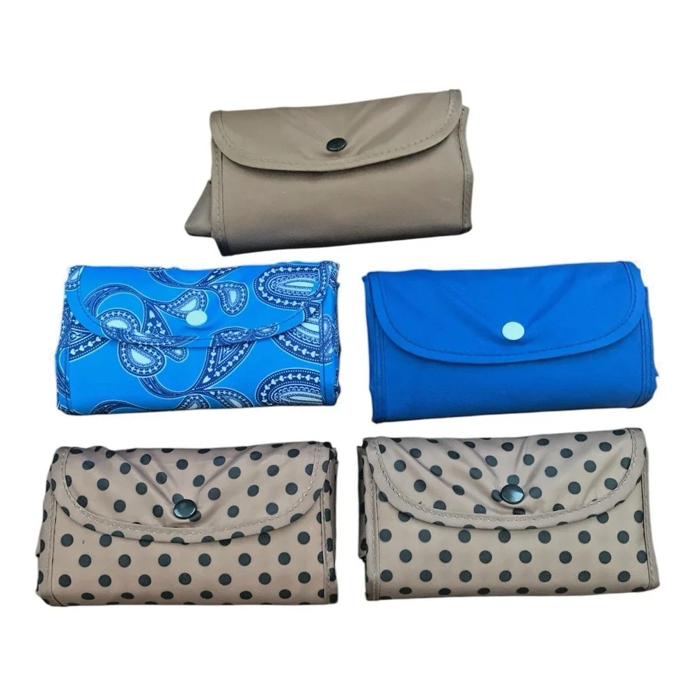 Unbranded Folding Reusable Tote Bag Set Paisley Polka‎ Dot Blue Tan 5 Piece Set